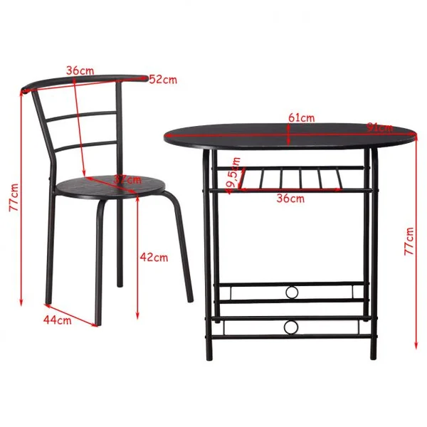 Ensemble Table de Salle à Manger Cuisine 1 Table et 2 Chaises en MDF Cadre en Tubes Acier 1 étagère porte-bouteilles Noir