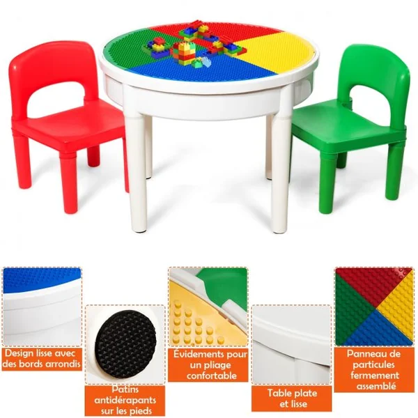 Ensemble Table et 2 Chaises 3 en 1 pour Enfants +3 Ans Table Multi-usage D’activités avec 300 Blocs de Constructions
