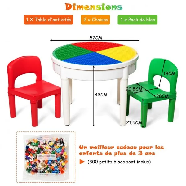 Ensemble Table et 2 Chaises 3 en 1 pour Enfants +3 Ans Table Multi-usage D’activités avec 300 Blocs de Constructions