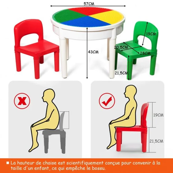 Ensemble Table et 2 Chaises 3 en 1 pour Enfants +3 Ans Table Multi-usage D’activités avec 300 Blocs de Constructions