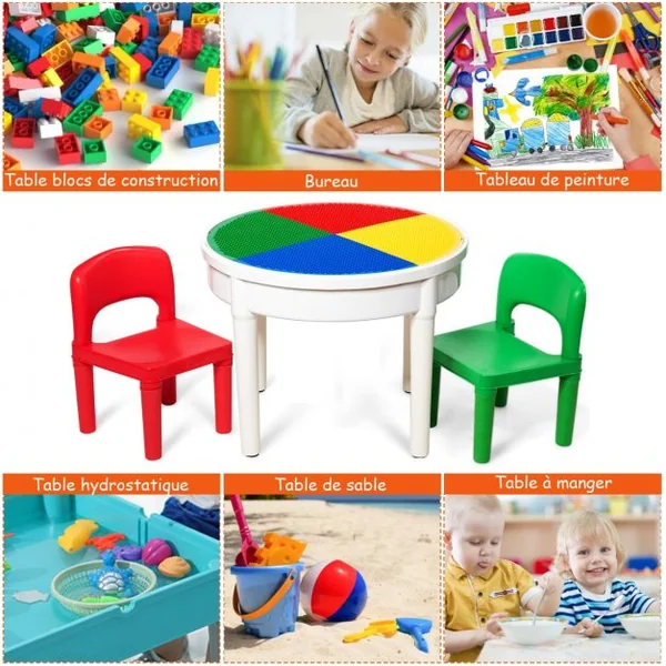 Ensemble Table et 2 Chaises 3 en 1 pour Enfants +3 Ans Table Multi-usage D’activités avec 300 Blocs de Constructions