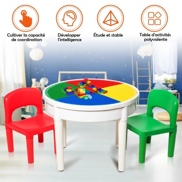 Ensemble Table et 2 Chaises 3 en 1 pour Enfants +3 Ans Table Multi-usage D’activités avec 300 Blocs de Constructions