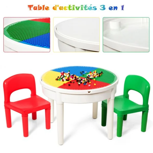 Ensemble Table et 2 Chaises 3 en 1 pour Enfants +3 Ans Table Multi-usage D’activités avec 300 Blocs de Constructions