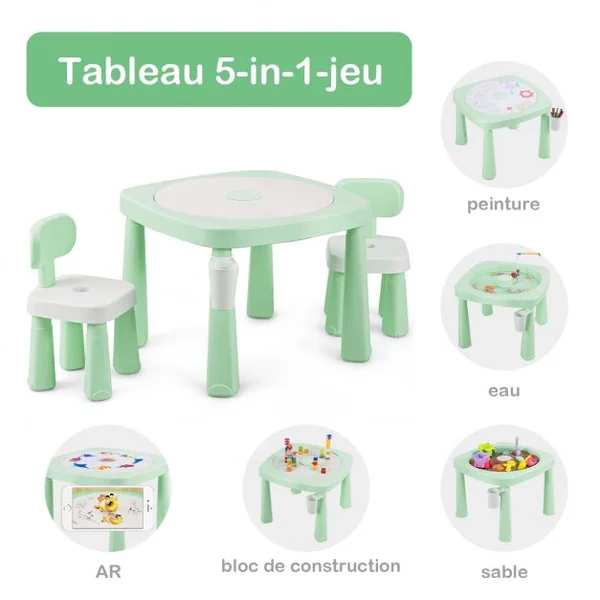 Ensemble Table et 2 Chaises Multi-usage 5 en 1 pour Enfant de 3-8 Ans Technologie Ar Blocs de Construction en Pp Vert