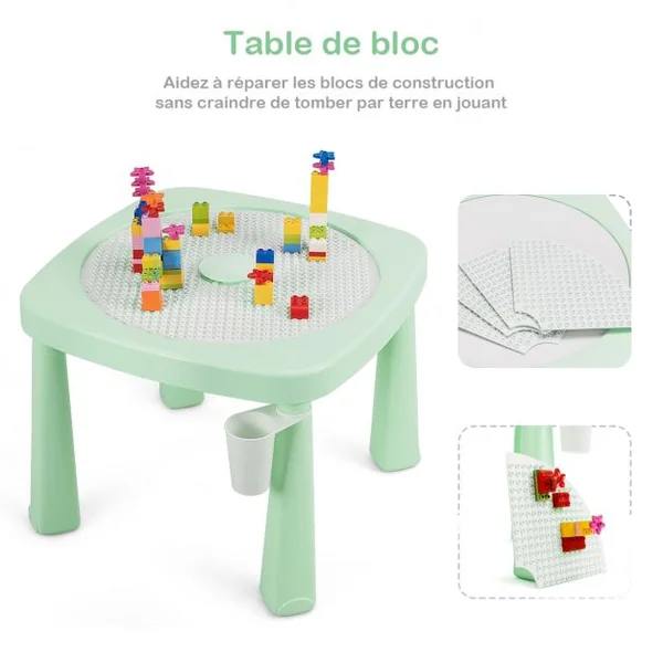 Ensemble Table et 2 Chaises Multi-usage 5 en 1 pour Enfant de 3-8 Ans Technologie Ar Blocs de Construction en Pp Vert