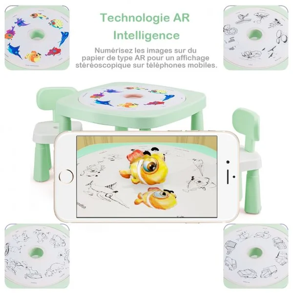 Ensemble Table et 2 Chaises Multi-usage 5 en 1 pour Enfant de 3-8 Ans Technologie Ar Blocs de Construction en Pp Vert