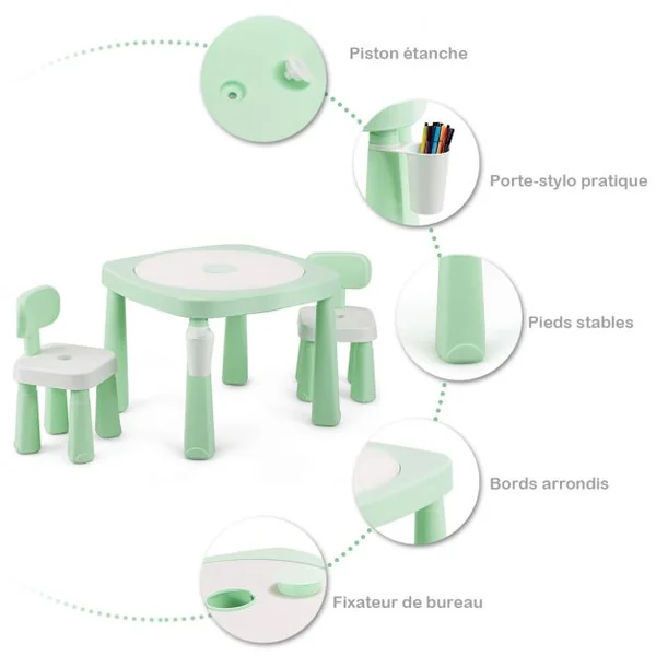 Ensemble Table et 2 Chaises Multi-usage 5 en 1 pour Enfant de 3-8 Ans Technologie Ar Blocs de Construction en Pp Vert