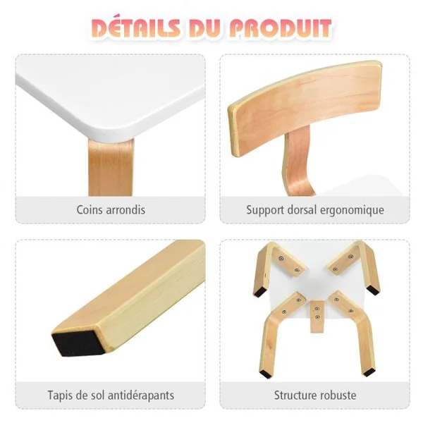 Ensemble Table et 2 Chaises pour Enfant Capacité Chaise 100kg Table 40kg en Bois de Peuplier et Bouleau Courbés Blanc