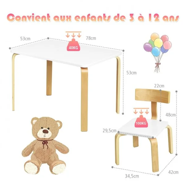 Ensemble Table et 2 Chaises pour Enfant Capacité Chaise 100kg Table 40kg en Bois de Peuplier et Bouleau Courbés Blanc