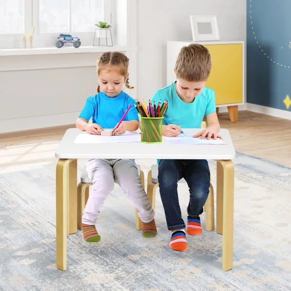 Ensemble Table et 2 Chaises pour Enfant Capacité Chaise 100kg Table 40kg en Bois de Peuplier et Bouleau Courbés Blanc
