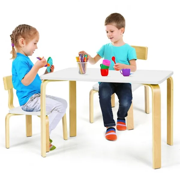 Ensemble Table et 2 Chaises pour Enfant Capacité Chaise 100kg Table 40kg en Bois de Peuplier et Bouleau Courbés Blanc
