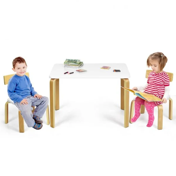 Ensemble Table et 2 Chaises pour Enfant Capacité Chaise 100kg Table 40kg en Bois de Peuplier et Bouleau Courbés Blanc