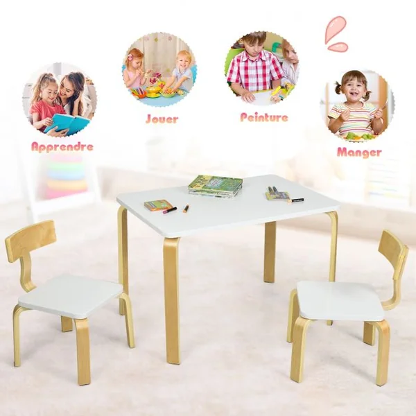 Ensemble Table et 2 Chaises pour Enfant Capacité Chaise 100kg Table 40kg en Bois de Peuplier et Bouleau Courbés Blanc