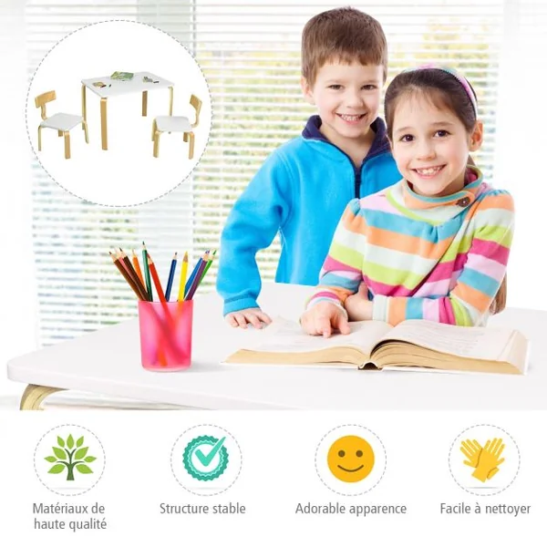 Ensemble Table et 2 Chaises pour Enfant Capacité Chaise 100kg Table 40kg en Bois de Peuplier et Bouleau Courbés Blanc