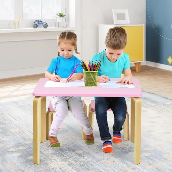 Ensemble Table et 2 Chaises pour Enfant Capacité Chaise 100kg Table 40kg en Bois de Peuplier et Bouleau Courbés Rose