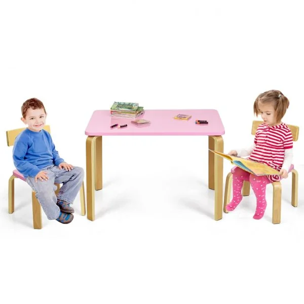 Ensemble Table et 2 Chaises pour Enfant Capacité Chaise 100kg Table 40kg en Bois de Peuplier et Bouleau Courbés Rose