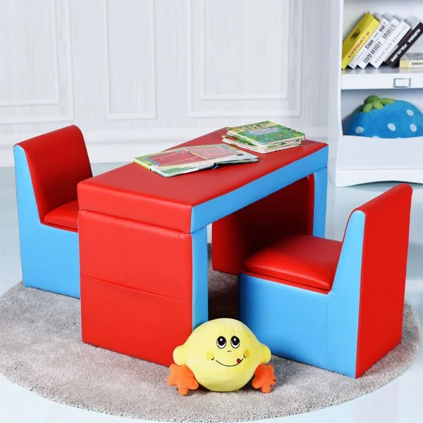 Ensemble table et 2 chaises pour enfant en bois léger, mousse PVC Chaise et Table Transformable, Capacité 50kg, Bleu&rouge