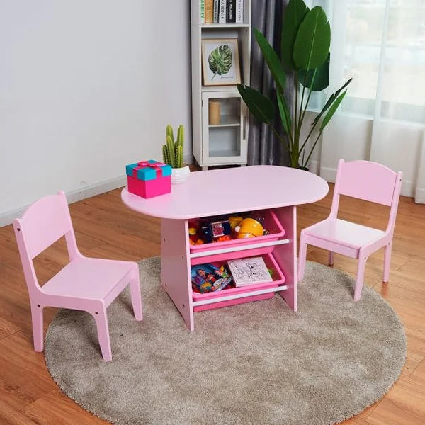 Ensemble Table et 2 Chaises pour Enfants avec 2 Bacs de Rangement en Bois Table 80x48x48cm Chaise 26x24x50cm Rose