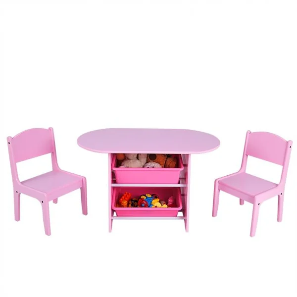 Ensemble Table et 2 Chaises pour Enfants avec 2 Bacs de Rangement en Bois Table 80x48x48cm Chaise 26x24x50cm Rose