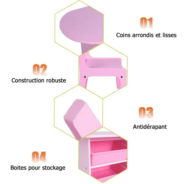 Ensemble Table et 2 Chaises pour Enfants avec 2 Bacs de Rangement en Bois Table 80x48x48cm Chaise 26x24x50cm Rose
