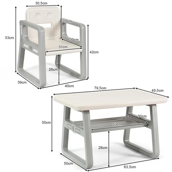 Ensemble Table et 2 Chaises pour Enfants de 1 à 3 Ans en Hdpe Table 795x495x50cm Chaise 40x39x53cm Beige et Gris