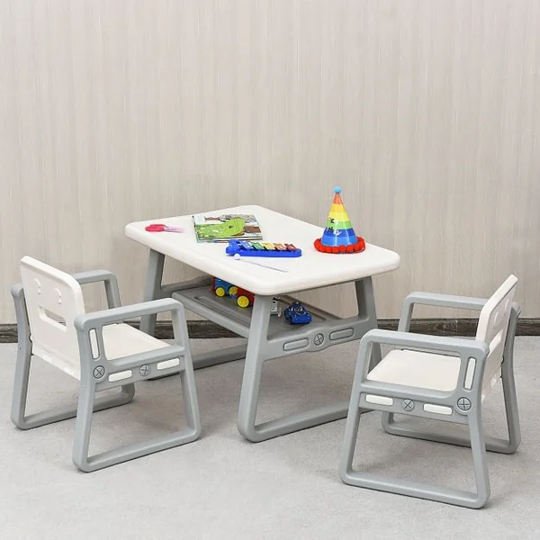 Ensemble Table et 2 Chaises pour Enfants de 1 à 3 Ans en Hdpe Table 795x495x50cm Chaise 40x39x53cm Beige et Gris