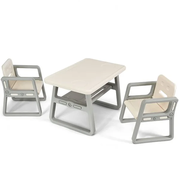 Ensemble Table et 2 Chaises pour Enfants de 1 à 3 Ans en Hdpe Table 795x495x50cm Chaise 40x39x53cm Beige et Gris