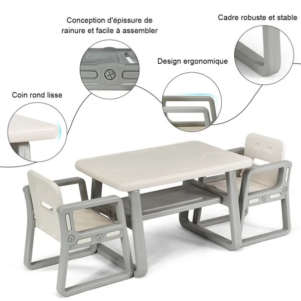 Ensemble Table et 2 Chaises pour Enfants de 1 à 3 Ans en Hdpe Table 795x495x50cm Chaise 40x39x53cm Beige et Gris