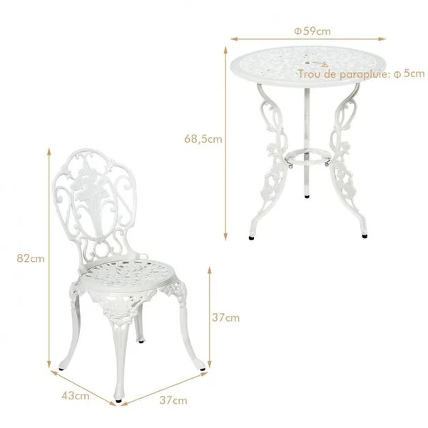 Ensemble Table et 2 Chaises pour Jardin en Aluminium en Forme de Rose Blanc Résistant aux Intempéries