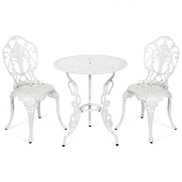 Ensemble Table et 2 Chaises pour Jardin en Aluminium en Forme de Rose Blanc Résistant aux Intempéries