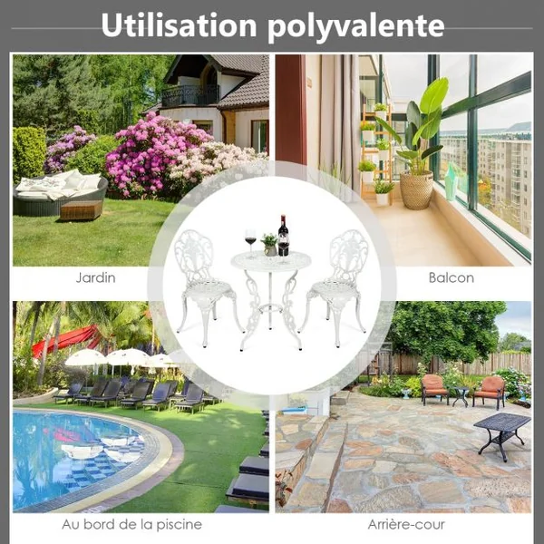 Ensemble Table et 2 Chaises pour Jardin en Aluminium en Forme de Rose Blanc Résistant aux Intempéries