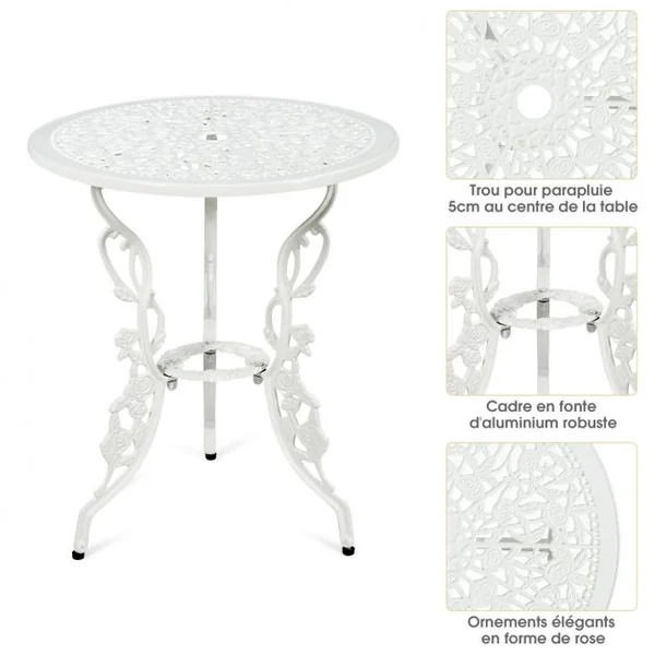 Ensemble Table et 2 Chaises pour Jardin en Aluminium en Forme de Rose Blanc Résistant aux Intempéries