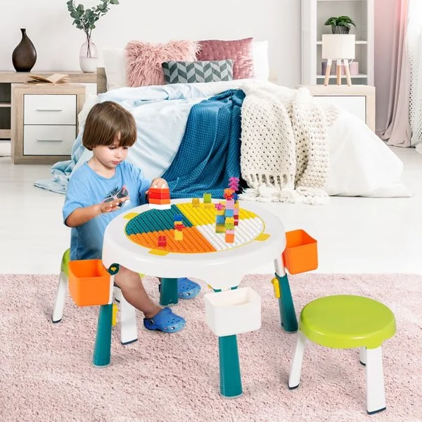 Ensemble Table et 2 Tabourets pour Enfants Multi-Usage Capacité 100 kg en ABS Table 51x30-43cm Tabouret 25x22cm Vert