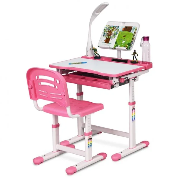 Ensemble Table et Chaise avec Lampe pour Enfant Hauteur Réglable Plateau Inclinable Capacité chaise 80kg, Bleu/Gris/Rose