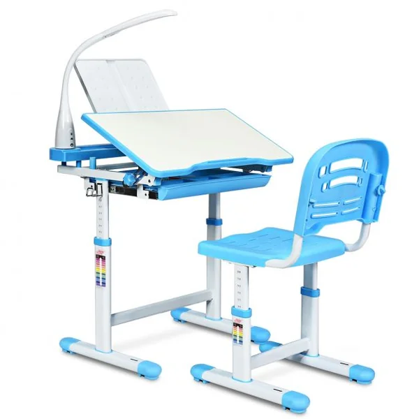 Ensemble Table et Chaise avec Lampe pour Enfant Hauteur Réglable Plateau Inclinable Capacité chaise 80kg, Bleu/Gris/Rose