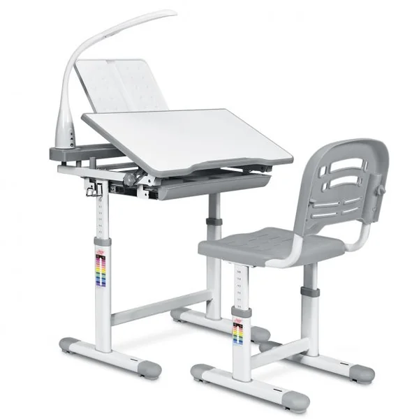 Ensemble Table et Chaise avec Lampe pour Enfant Hauteur Réglable Plateau Inclinable Capacité chaise 80kg, Bleu/Gris/Rose