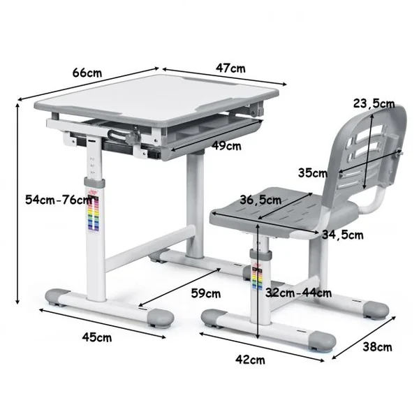 Ensemble table et chaise pour enfant Réglable en Hauteur avec Tiroir Inclinable, en MDF+PP, Facile à Nettoyer, Gris