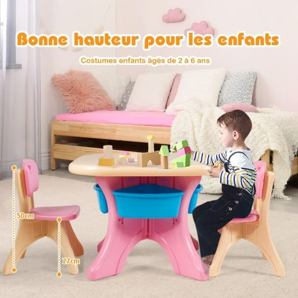 Ensemble Table et Chaises pour Enfants 1 Table et 2 Chaises pour Enfants de 2 à 6 Ans Capacité 80 Kg en Pe Ecologique