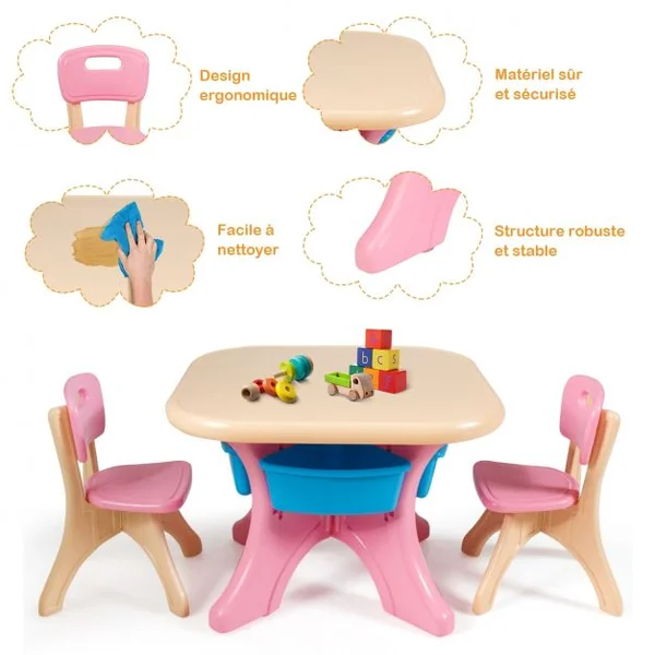 Ensemble Table et Chaises pour Enfants 1 Table et 2 Chaises pour Enfants de 2 à 6 Ans Capacité 80 Kg en Pe Ecologique