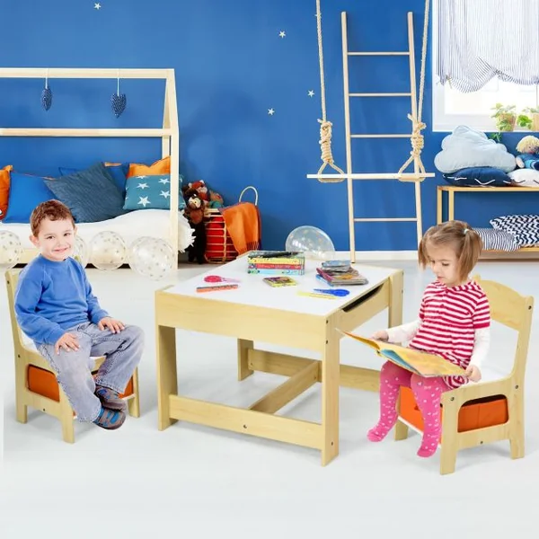 Ensemble Table Transformable en Tableau et 2 Chaises en Bois pour Enfants