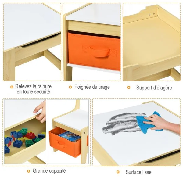 Ensemble Table Transformable en Tableau et 2 Chaises en Bois pour Enfants