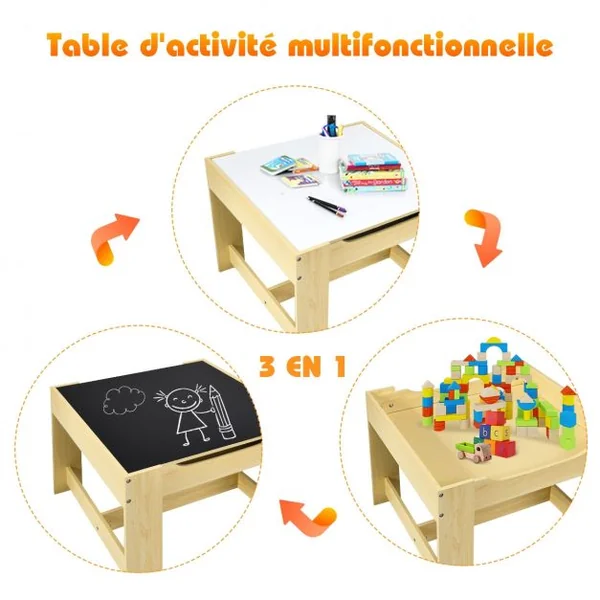 Ensemble Table Transformable en Tableau et 2 Chaises en Bois pour Enfants