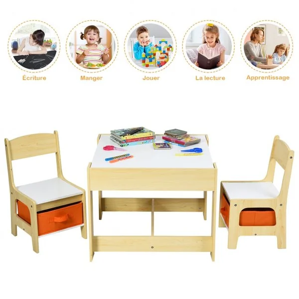 Ensemble Table Transformable en Tableau et 2 Chaises en Bois pour Enfants