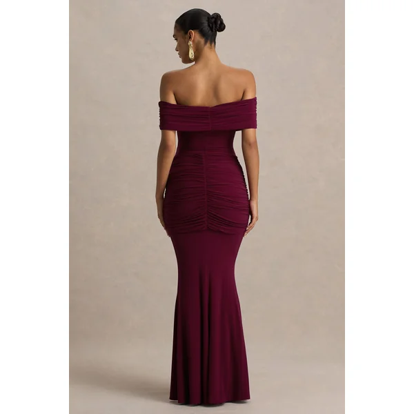 Envisioned | Robe longue bordeaux à encolure bardot avec fronces et drapé