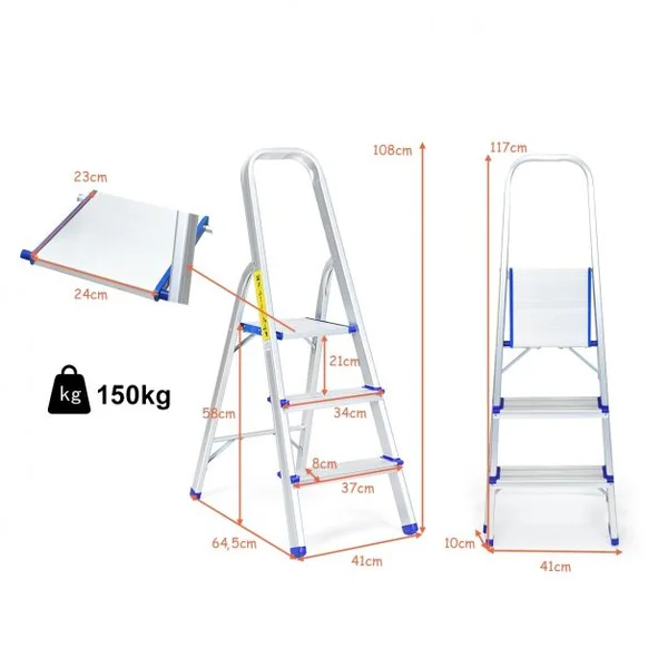 Escabeau Marchepied Echelle Pliable à 3 Marches avec Plateau à Outil Capacité 150 Kg en Aluminium Blanc Argenté