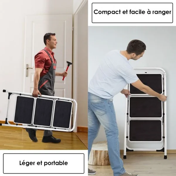Escabeau à 3 Marches Pliant en Fer Capacité de Charge de 150KG avec poignée Marchepied Antidérapant