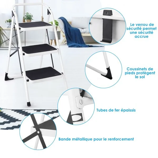 Escabeau à 3 Marches Pliant en Fer Capacité de Charge de 150KG avec poignée Marchepied Antidérapant