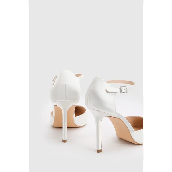 Escarpins De Mariée Megan En Satin À Boucle Ornée De Strass, Bride Bipartite Et Talon Aiguille Haut À Bout Pointu