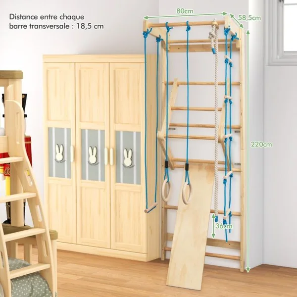 Espalier Echelle de Gymnastique Multifonctionnelle pour Adulte et Enfant Capacité 100 kg en Pin MDF Métal 80x60x220cm