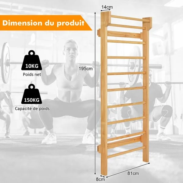 Espalier Mural Espalier de Gymnastique Capacité 150 kg Diamètre Barre 3,3 cm en Bois de Pin 195x80x14cm Naturel